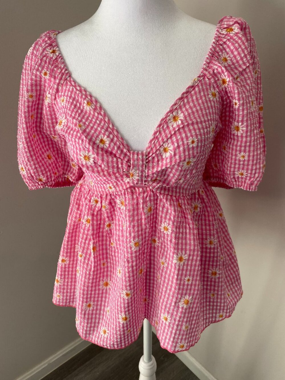 Pink Checkered Daisy Print Peplum Top
